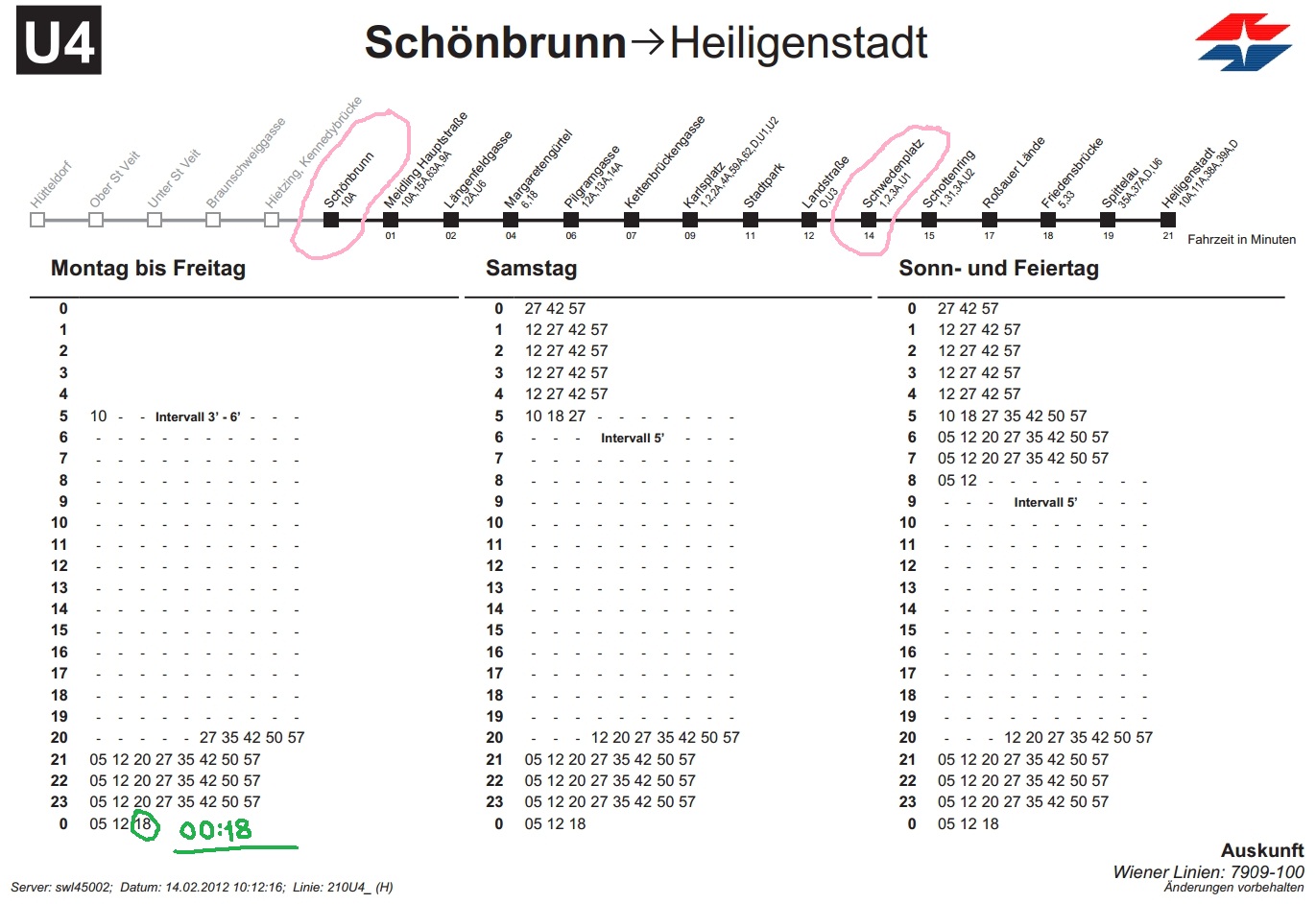 Расписание U4 от Шенбрунн схема