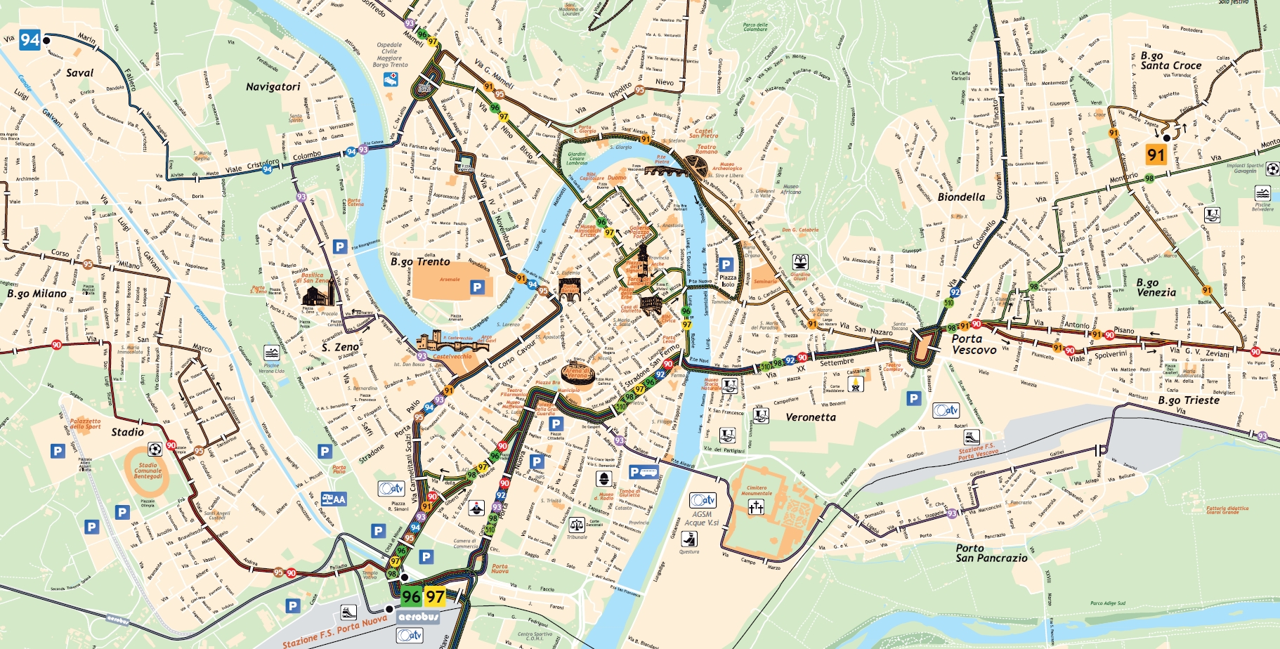 Верона_схема вечерних автобусных маршрутов в центре города