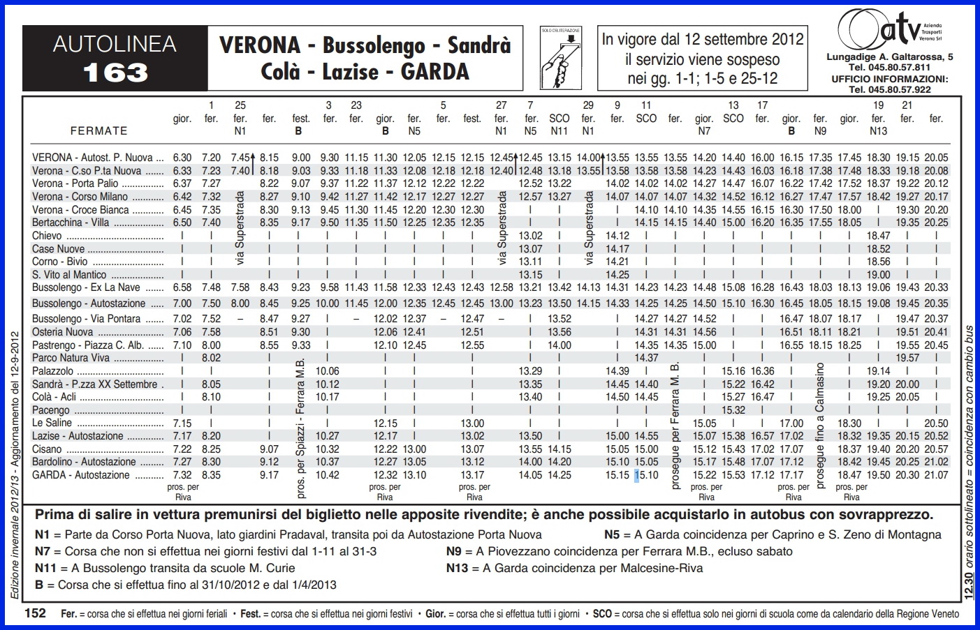 Расписание автобуса №163 Верона-Буссоленго-Сандра-Кола-Лацизе-Гарда.