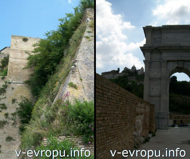 Крепость Анконы (слева). Постройка 16 века. Триумфальная арка Траяна (справа). Постройка 2 века до н.э.