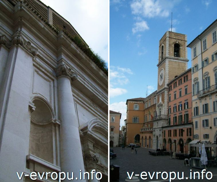 Церковь Сан  Доменико  в Анконе (Chiesa di San Domenico) : вид сбоку на пилястры  фасада (слева) и барочная городская башня площади Папы (справа)
