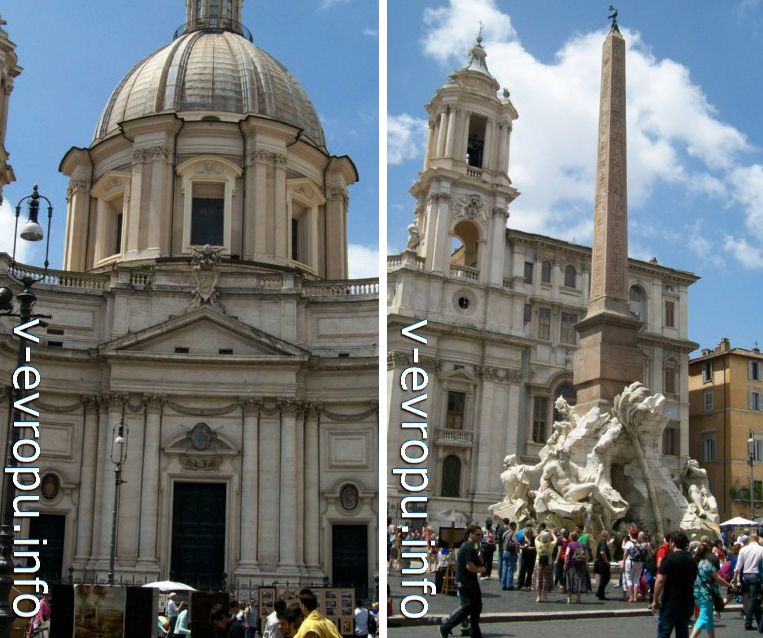 портал, барабан и купол Церкви Сант Аньезе (слева) и одна из башен фасадного ансамбля церкви Сант Аньезе (справа)