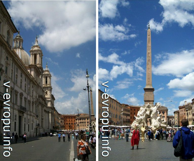 Площадь Навона. Вид на северную часть площади. Слева Церковь Сант Аньезе и Фонтан Бернини 4-х Рек