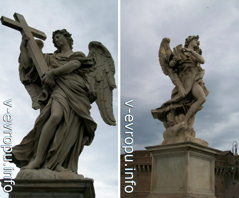Рим. Скульптуры Ангелов моста Sant'Angelo с Орудиями Крестных Страданий Спасителя. Слева ангел держит Крест, справа: Табличку с надписью "INRI"