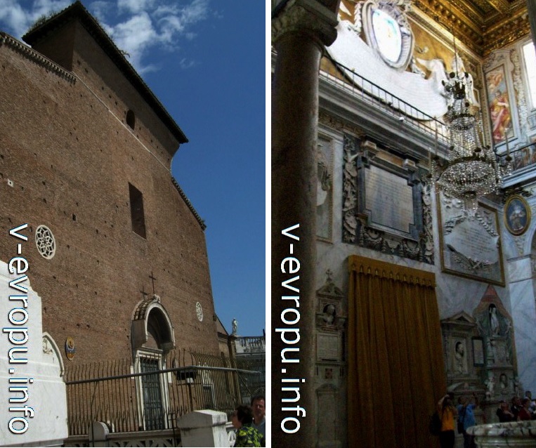 Фасад базилики Санта Мария ин Арачели (слева) и интерьер левого нефа (справа)
