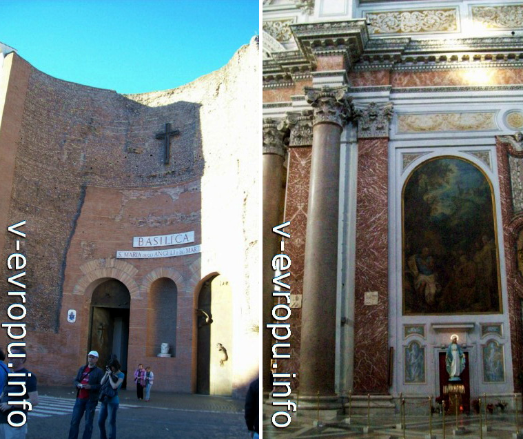 Центральный вход и коринфские колонные диоклетиановских терм церкви Санта Мария дельи Анджели э деи Мартири на площади Республики в Риме