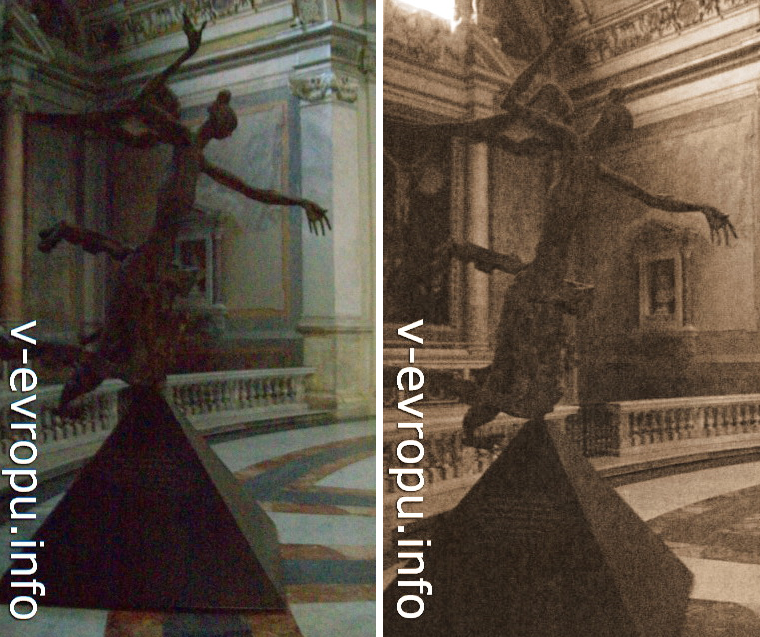 Современная скульптура ангела у входа в базилику Санта Мария дельи Анджели э деи Мартири на площади Республики в Риме