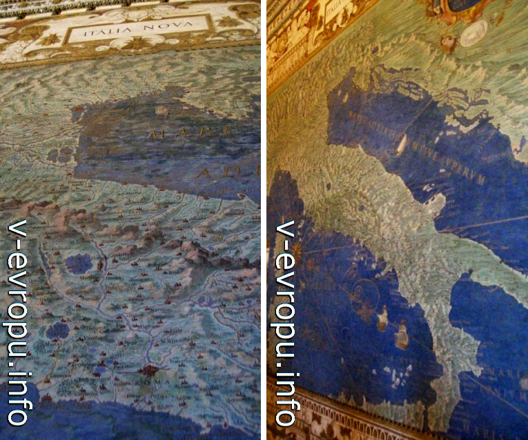 Галерея географических карт в музее Ватикана. Справа фрагмент карты "Италия античная", слева фрагмент карты "Италия новая"