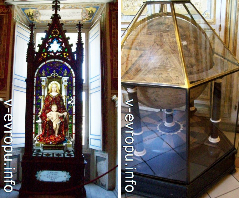 Готический витраж с изображением Девы Марии (слева) и глобус (справа) - экспонаты ватиканского музея