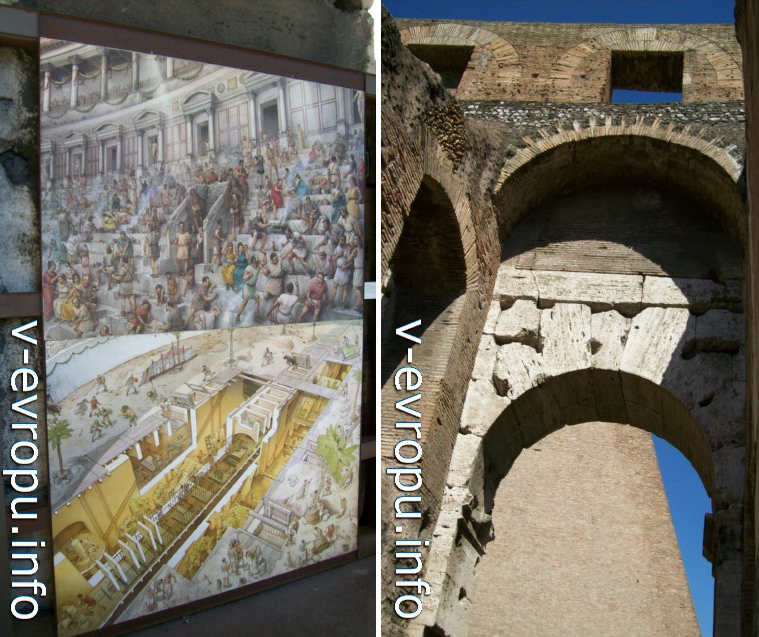 Рим.Колизей. Слева картинка в колизейском музее, демонстрирующая нравы тогдашней публики