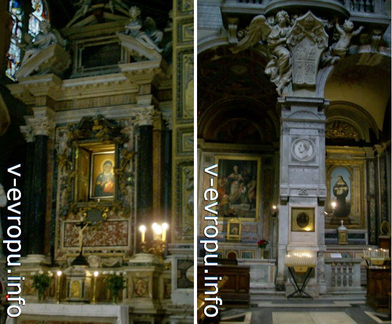 Слева: Икона "Мадонна дель Пополо" в главном алтаре церкви. По легенде ее написал сам Евангелист Лука