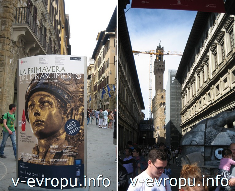 Флоренция. Слева: Афиша в ренессансном стиле в центре Флоренции. Справа: галерея Уффици