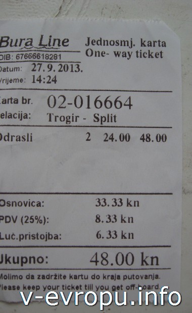 Стоимость билета на двоих на паром из Трогира в Сплит