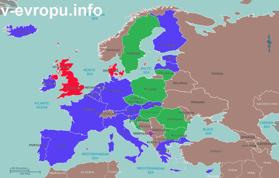 Карта стран, использующих евро-валюту