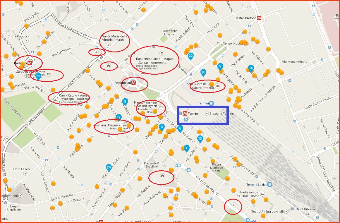 Карта отелей в районе Термини - жд вокзала Рима