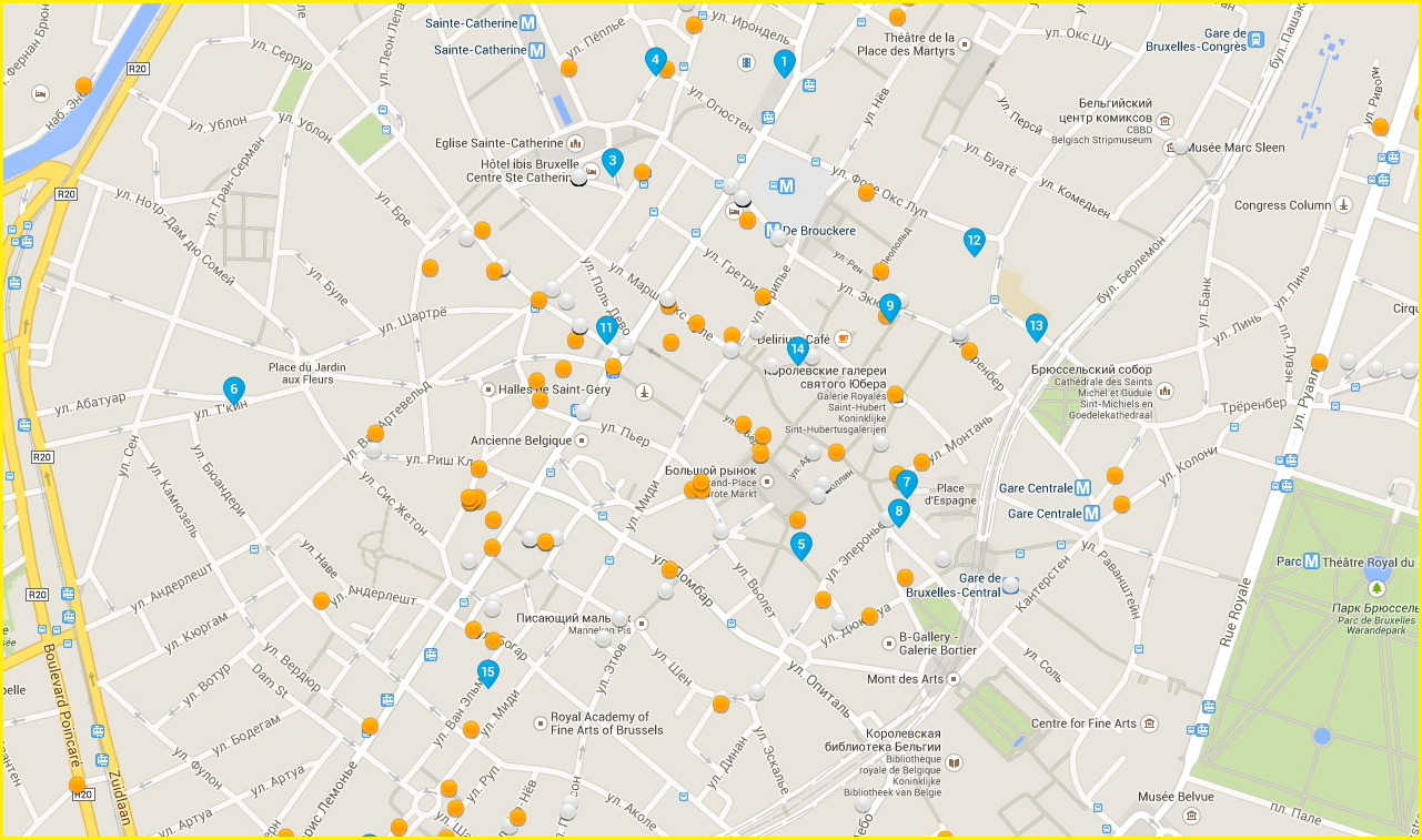 Карта гостиниц Брюсселя в районе Гранд Плейс