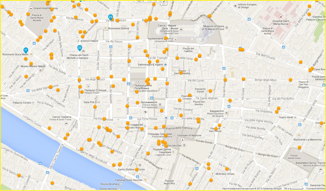 Карта гостиниц Фирензе в районе Санта Мариья дель Фьоре  и галереи Уффици
