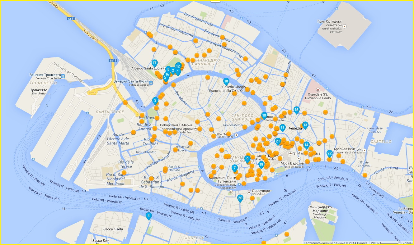 Карта гостиниц в районе Гранд-канала Венеции