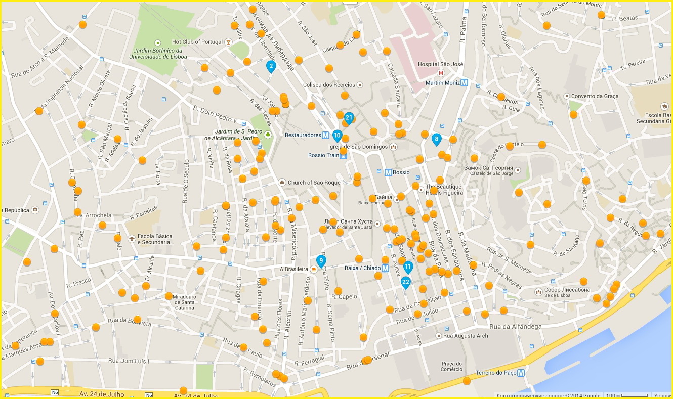 Карта гостиниц в центре Лиссабона