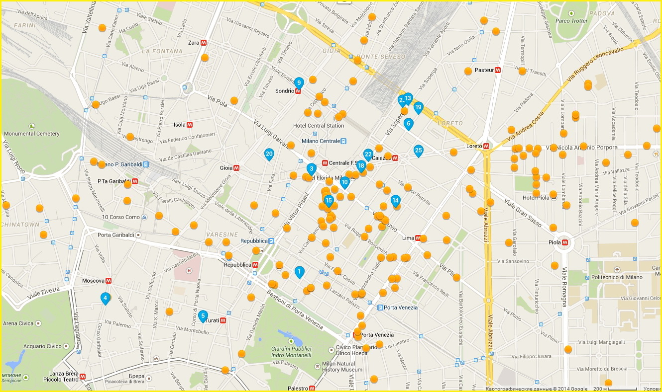Карта миланских гостиниц в районе жд вокзала