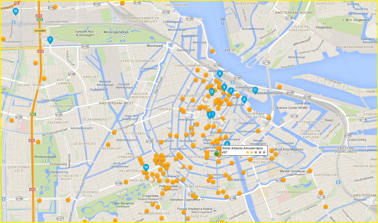 Карта расположения отелей Амстердама по районам города