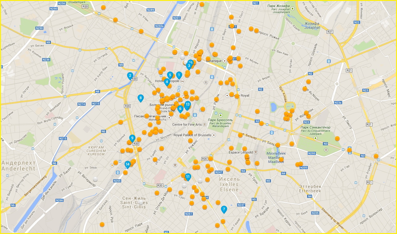 Карта расположения отелей Брюсселя по районам города