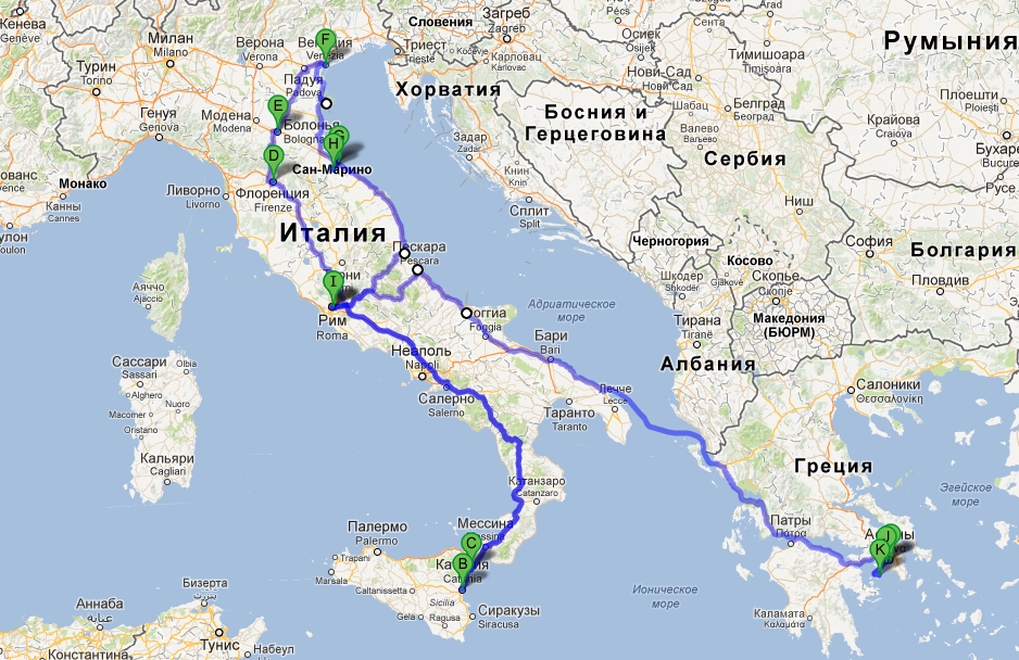 Маршрут путешествия из Новосибирска по Италии и Греции