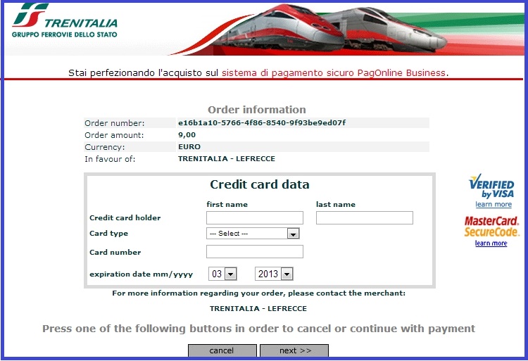 Оплата е-билета на поезд в Италии