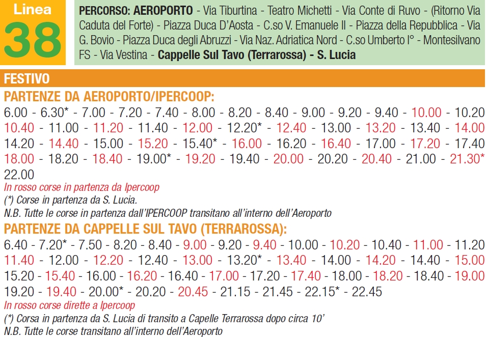 Аэропорт Пескары - центр города: Расписание автобуса №38 