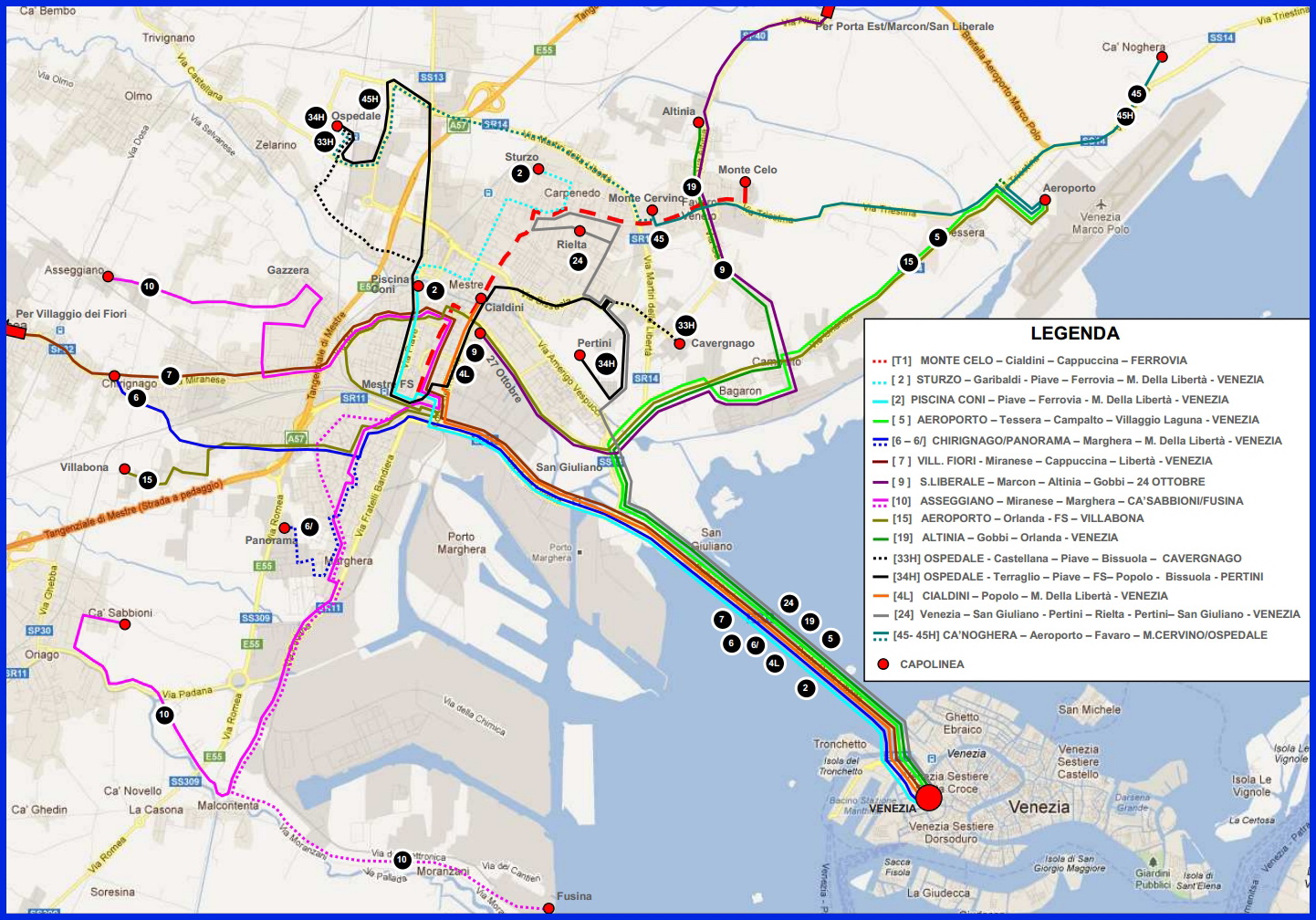 Венеция_схема автобусных маршрутов островной и материковой части города