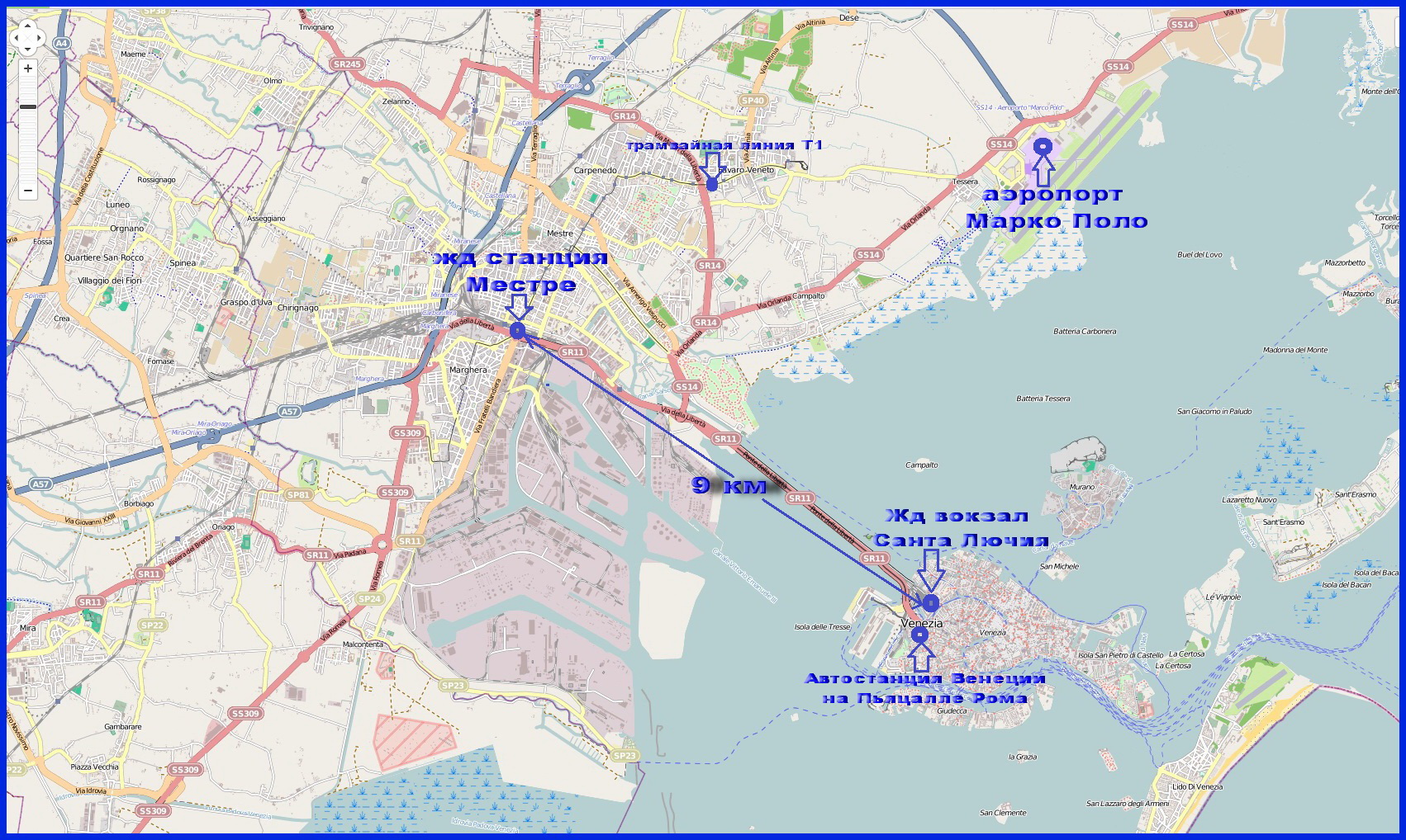 Жд вокзалы Венеции и Местре на карте