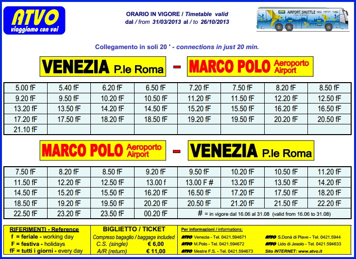 Расписание шатла Аэробас от аэропорта Венеции Марко  Поло до центра города с 31 марта до 26 октября 2013 года