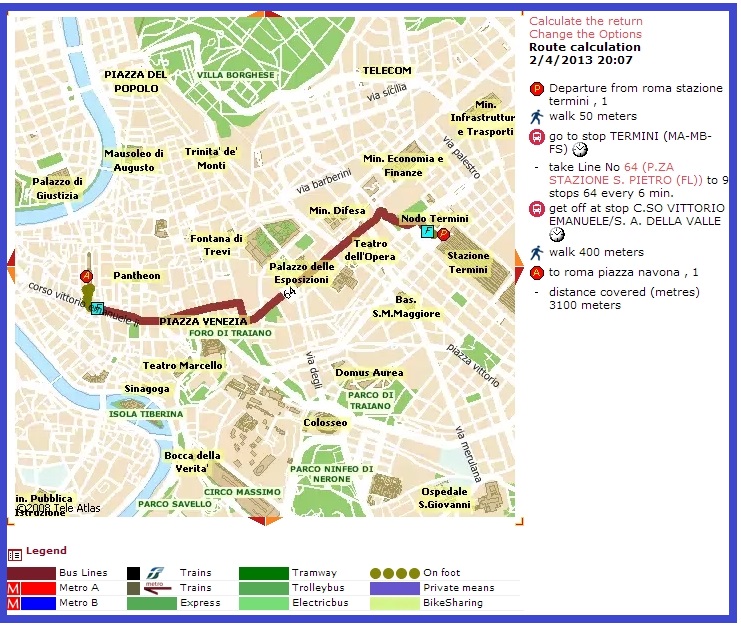 Расчет маршрута на транспорте в Риме